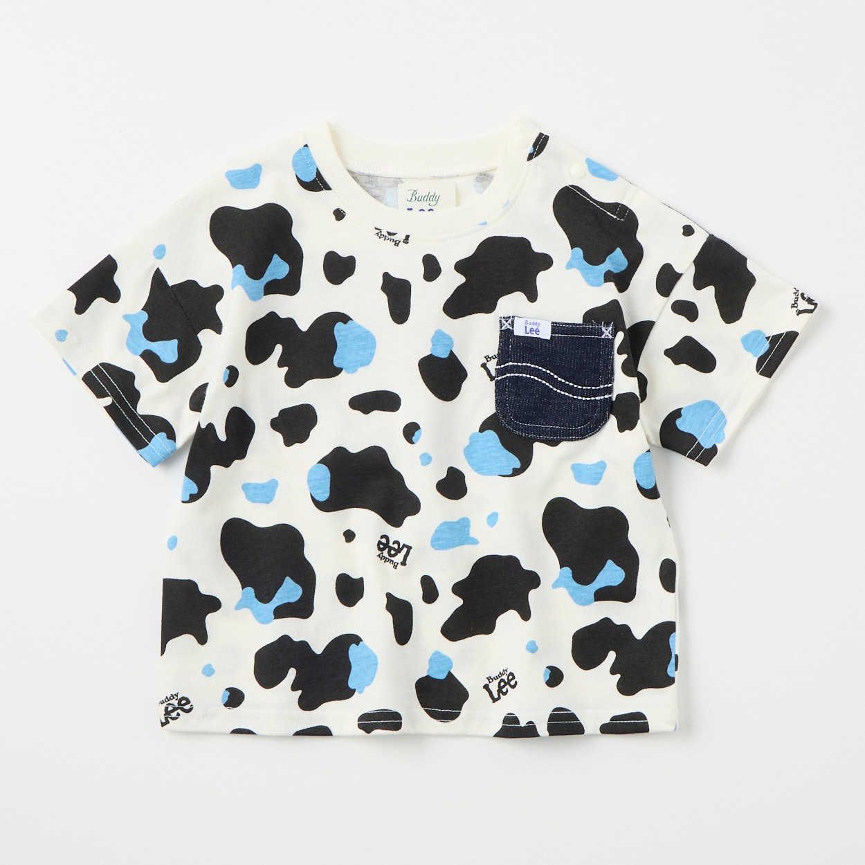Buddy Lee 天竺 ポケット付 ホルスタイン総柄 半袖Tシャツ　 ベビー キッズ(アイボリー-80cm)