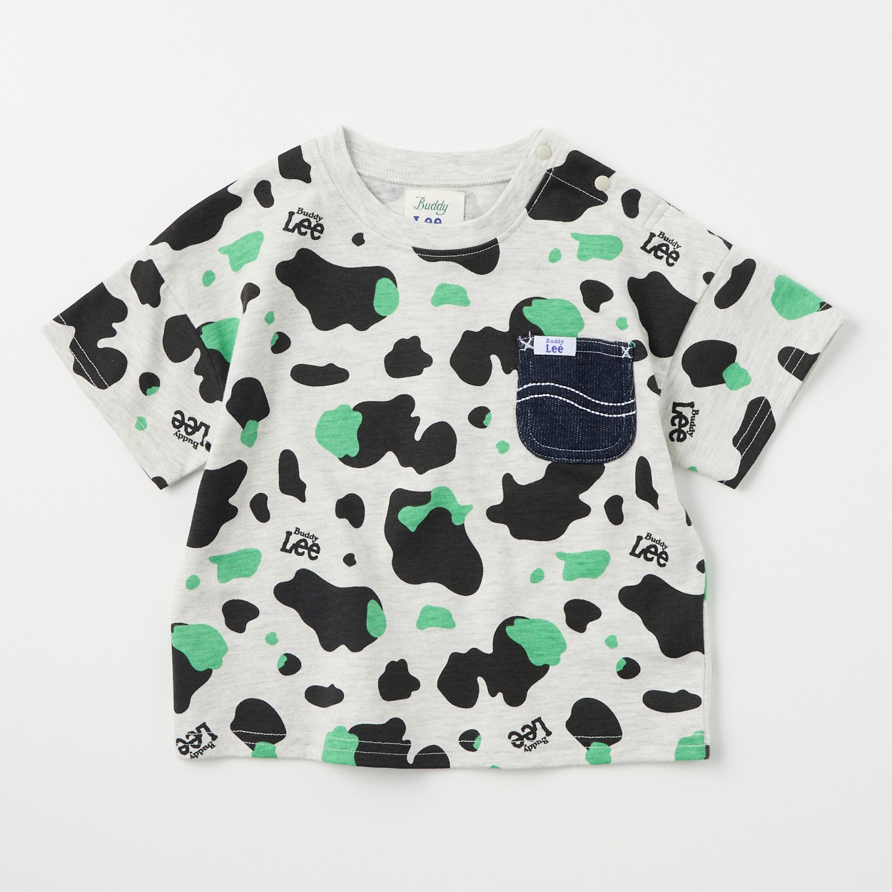 Buddy Lee 天竺 ポケット付 ホルスタイン総柄 半袖Tシャツ　 ベビー キッズ(杢グレー-120cm)