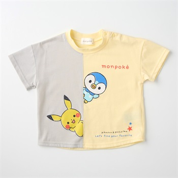モンポケ 縦切替 天竺 半袖Tシャツ ベビー キッズ(グレー×クリーム-80cm)