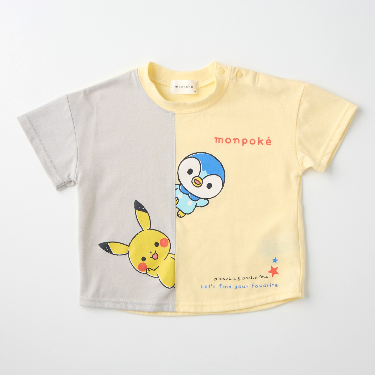 モンポケ 縦切替 天竺 半袖Tシャツ ベビー キッズ(グレー×クリーム-110cm)