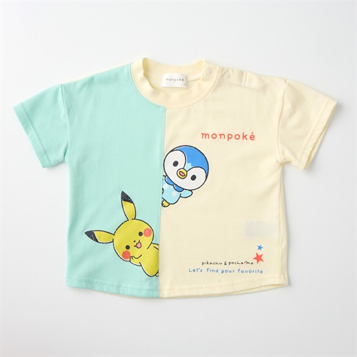 モンポケ 縦切替 天竺 半袖Tシャツ ベビー キッズ(ミントグリーン×クリーム-80cm)