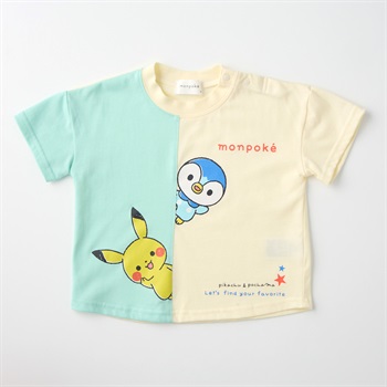 モンポケ 縦切替 天竺 半袖Tシャツ ベビー キッズ(ミントグリーン×クリーム-80cm)