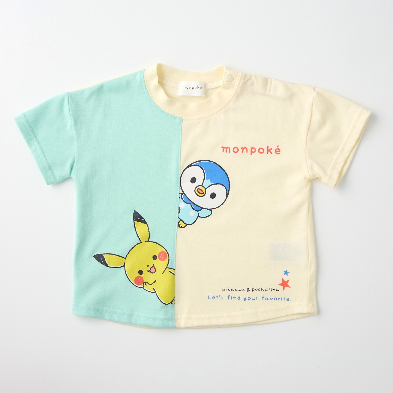 モンポケ 縦切替 天竺 半袖Tシャツ ベビー キッズ(ミントグリーン×クリーム-110cm)