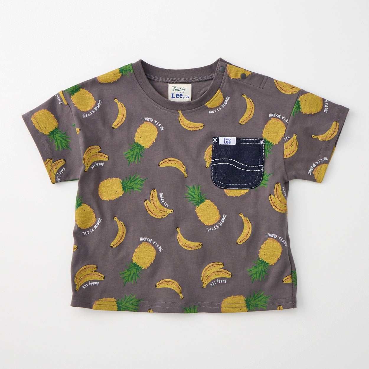 Buddy Lee フルーツ総柄 天竺 半袖Tシャツ ベビー キッズ(チャコールグレー-100cm)
