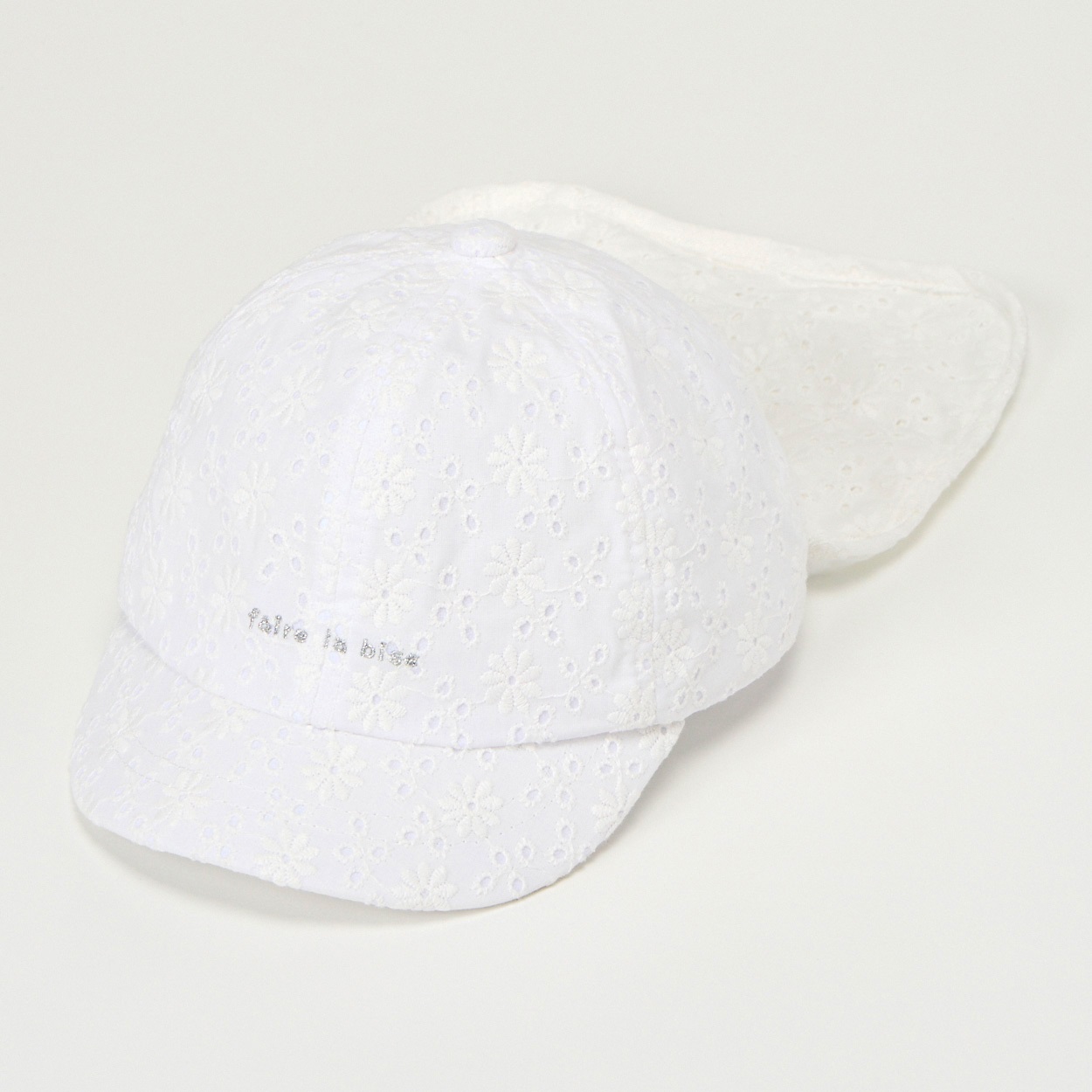 faire la bise リボン風タレ付き キャップ ベビー 帽子(綿レース(ホワイト)-50cm)