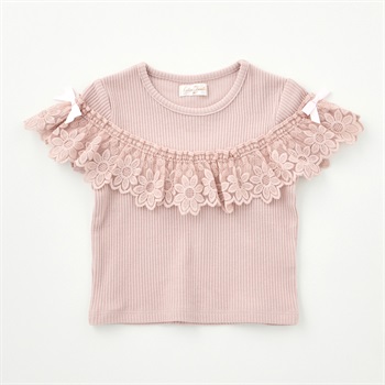 Katie Closet テレコ 綿レース サテンリボン付Tシャツ ベビー(スモーキーピンク-80cm)