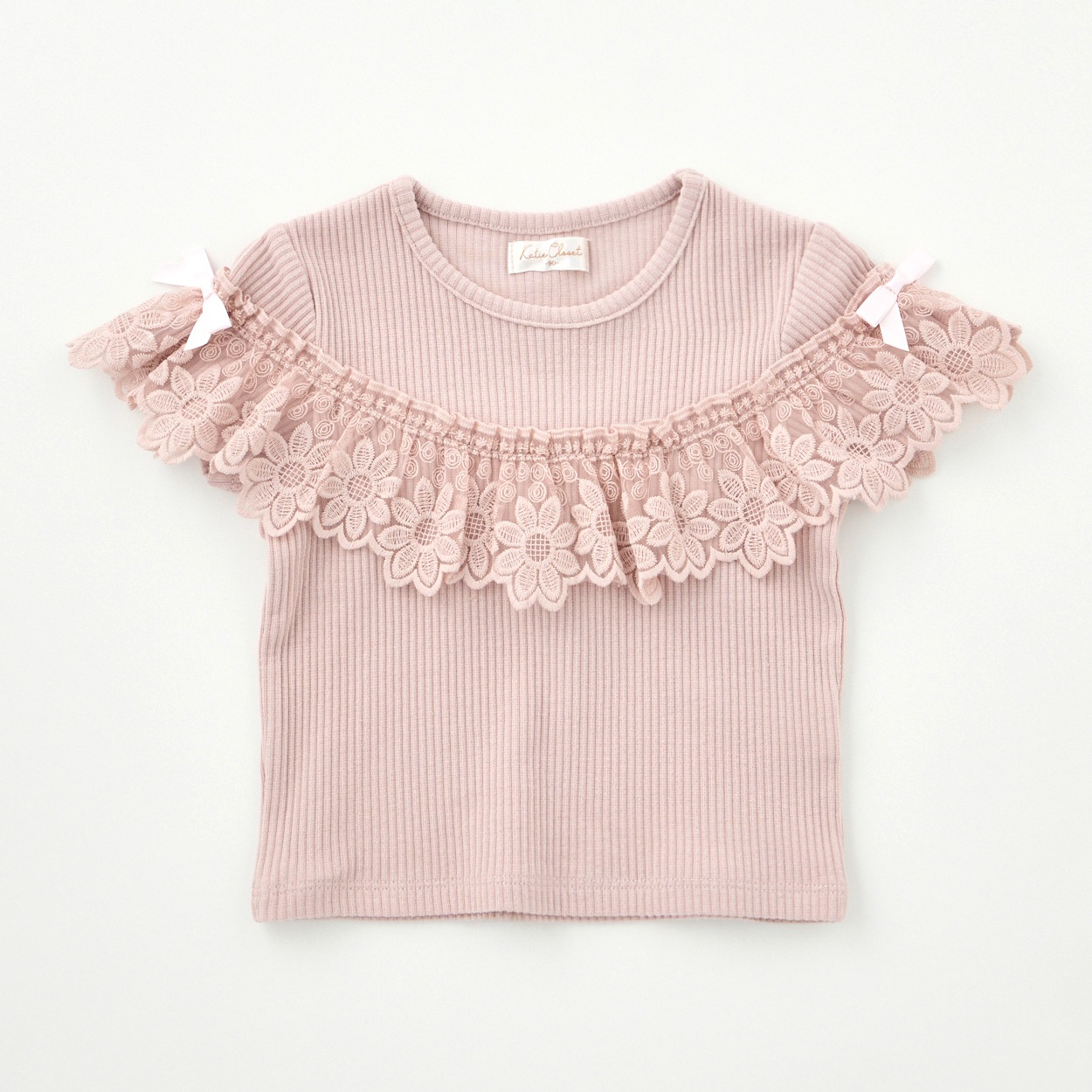 Katie Closet テレコ 綿レース サテンリボン付Tシャツ ベビー(スモーキーピンク-100cm)