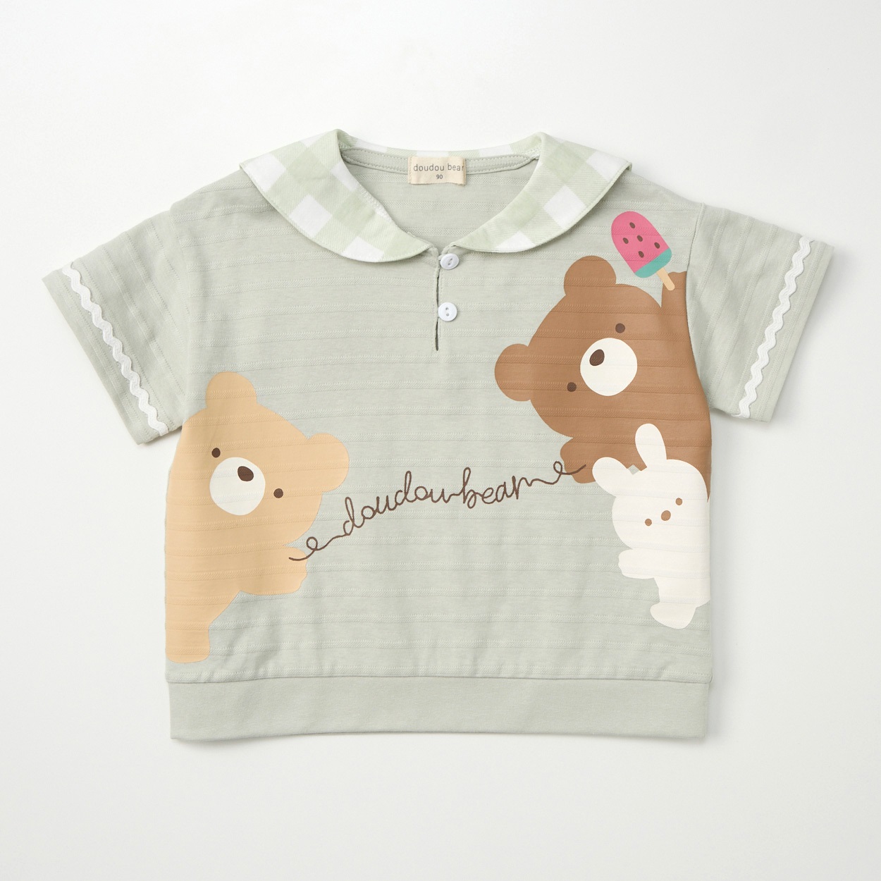 doudou bear 鹿の子 天竺 ボーダー セーラー衿 半袖Tシャツ ベビー(グリーン-90cm)