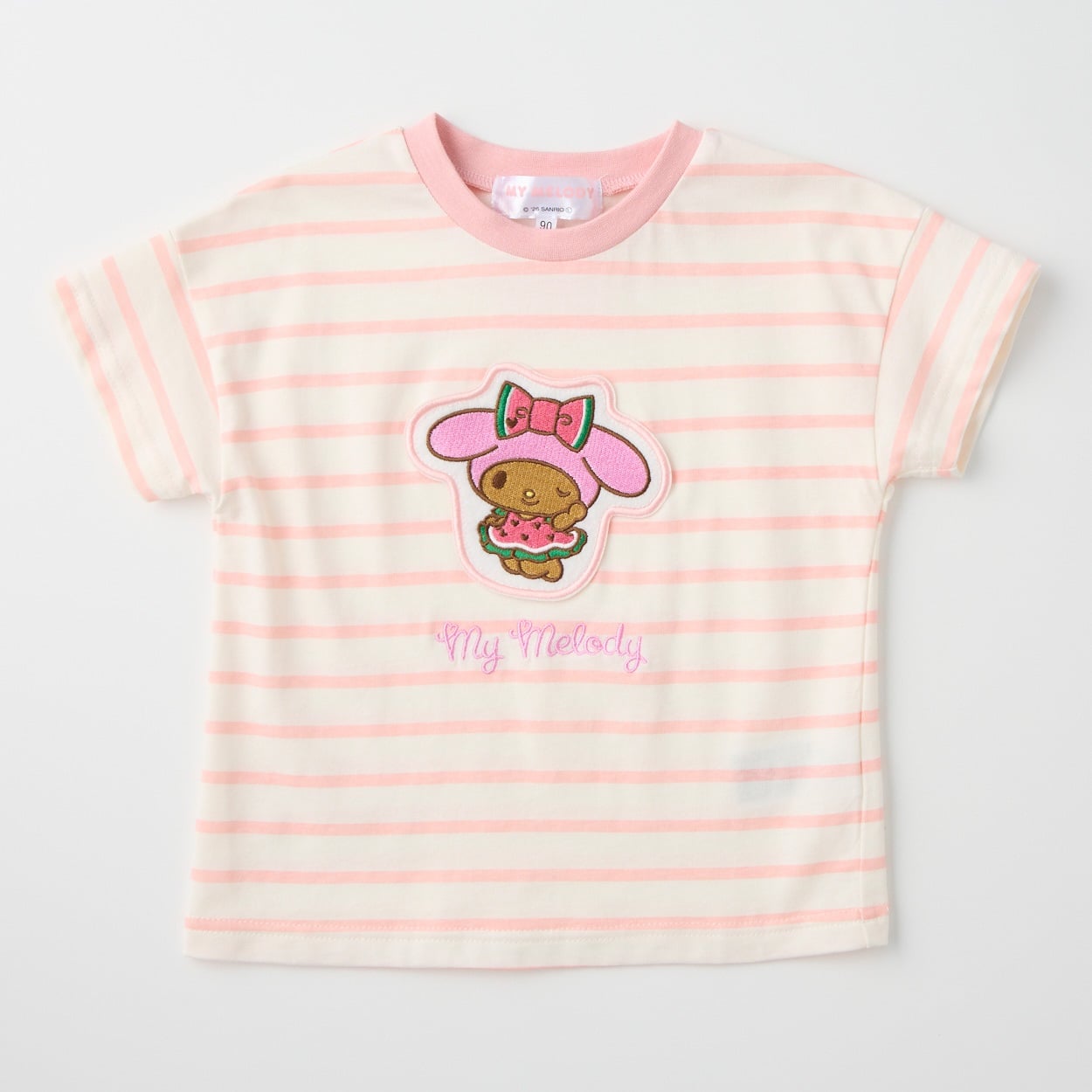 サンリオキャラクター アップリケ ボーダー柄 天竺 半袖Tシャツ 吸水速乾 接触冷感 ベビー(マイメロディ(ペールピンク)-80cm)