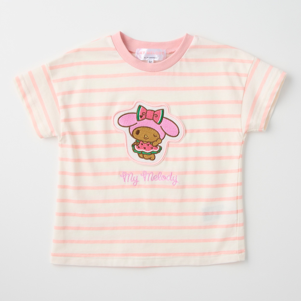 サンリオキャラクター アップリケ ボーダー柄 天竺 半袖Tシャツ 吸水速乾 接触冷感 ベビー(マイメロディ(ペールピンク)-90cm)