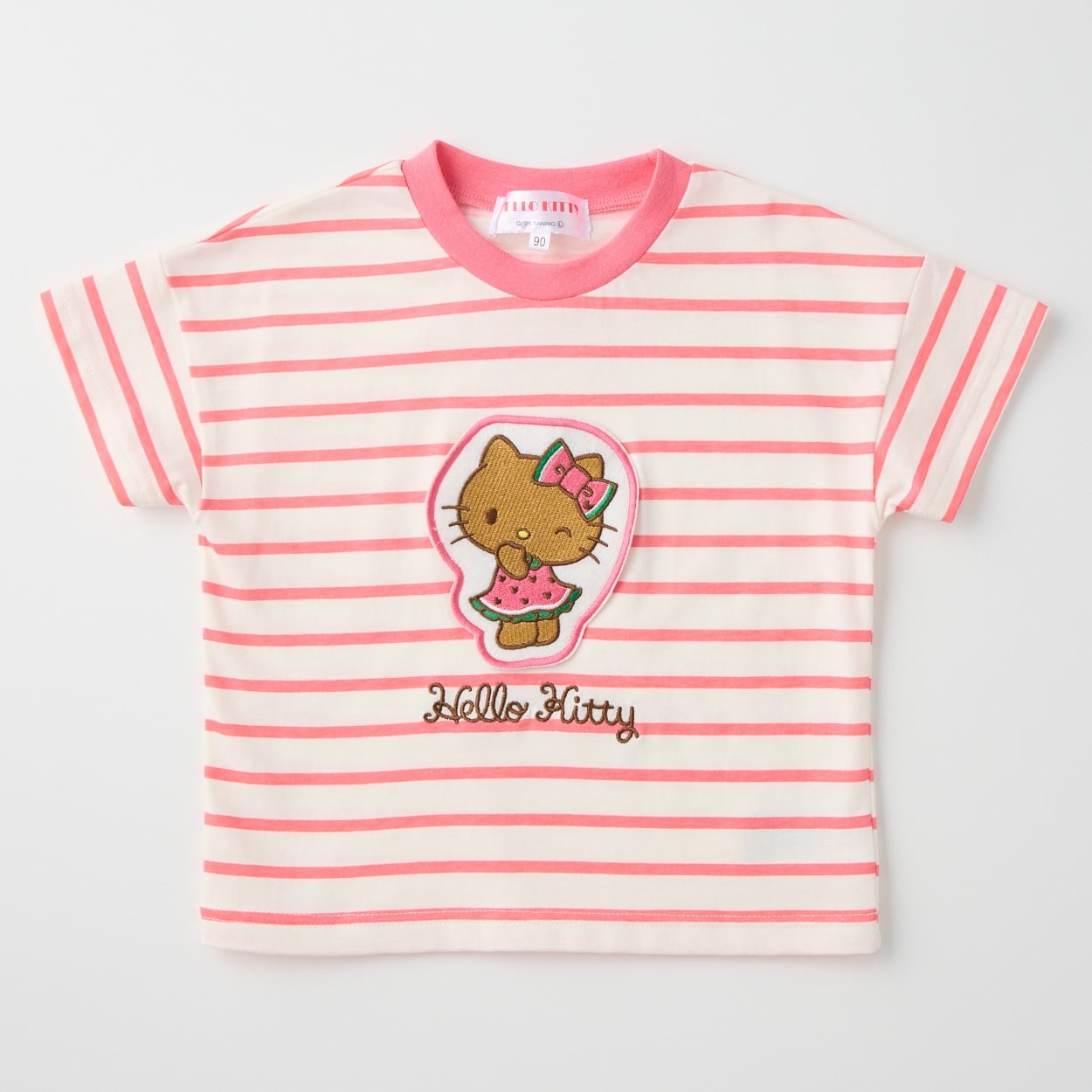 サンリオキャラクター アップリケ ボーダー柄 天竺 半袖Tシャツ 吸水速乾 接触冷感 ベビー(ハローキティ(ピンク)-90cm)