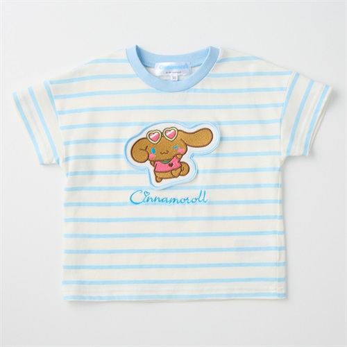 サンリオキャラクター アップリケ ボーダー柄 天竺 半袖Tシャツ 吸水速乾 接触冷感 ベビー(シナモロール(サックス)-80cm)