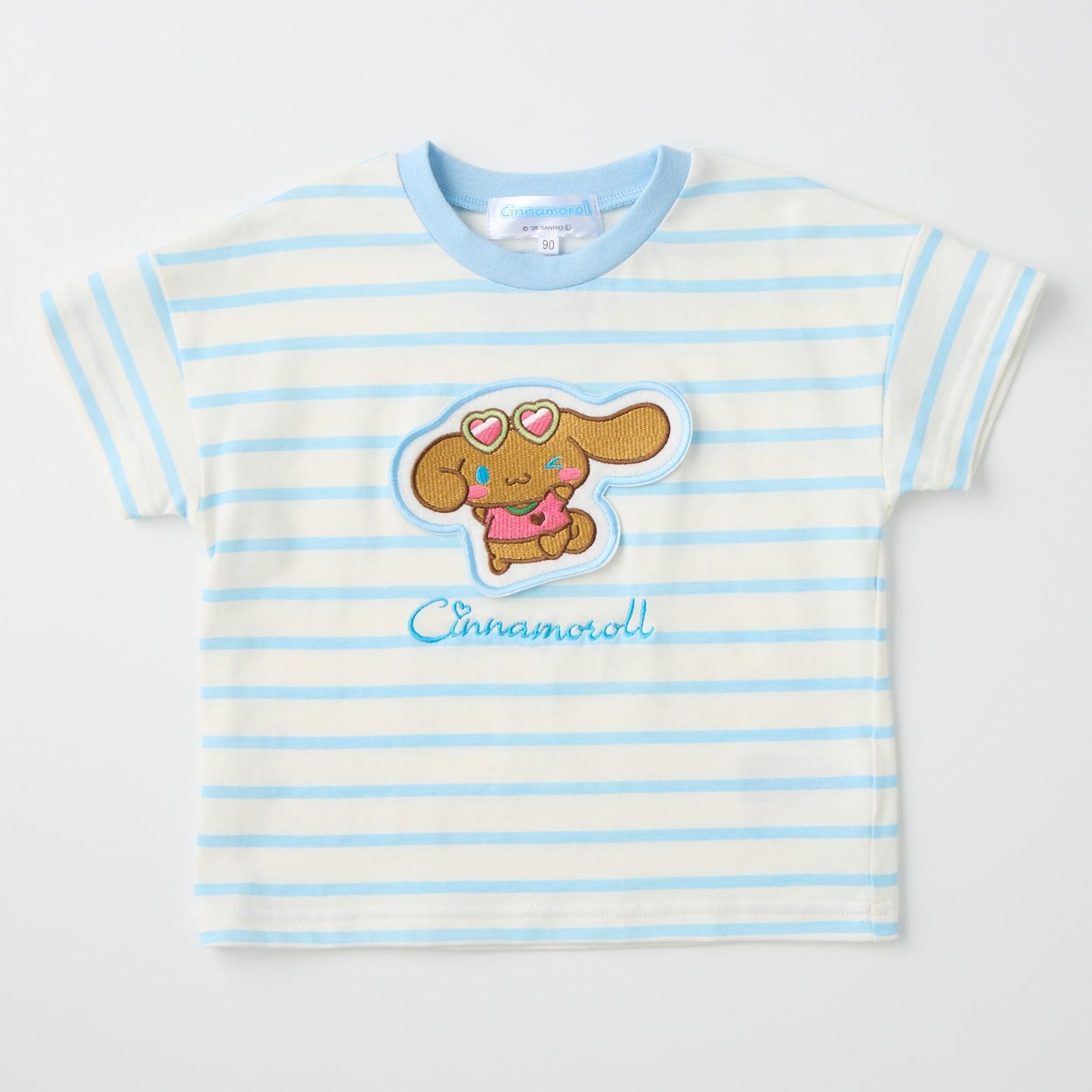 サンリオキャラクター アップリケ ボーダー柄 天竺 半袖Tシャツ 吸水速乾 接触冷感 ベビー(シナモロール(サックス)-90cm)