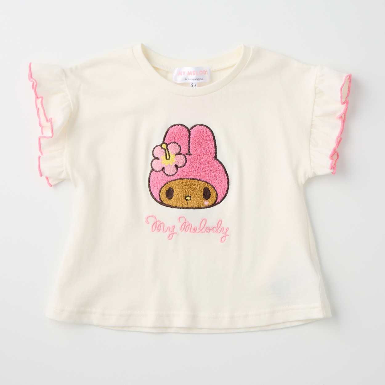 サンリオキャラクター 袖フリル 天竺 サガラ刺しゅう Tシャツ 吸水速乾 接触冷感 ベビー(マイメロディ(オフホワイト)-100cm)