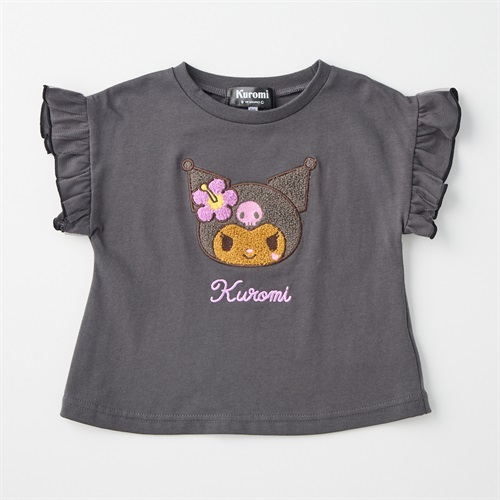 サンリオキャラクター 袖フリル 天竺 サガラ刺しゅう Tシャツ 吸水速乾 接触冷感 ベビー(クロミ(チャコールグレー)-80cm)