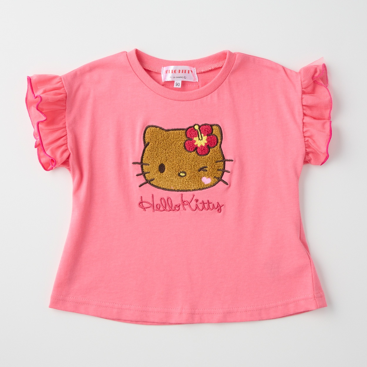サンリオキャラクター 袖フリル 天竺 サガラ刺しゅう Tシャツ 吸水速乾 接触冷感 ベビー(ハローキティ(ピンク)-100cm)