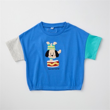 アニマル柄 サガラ刺しゅう 天竺 半袖Tシャツ ベビー(犬(ブルー)-80cm)