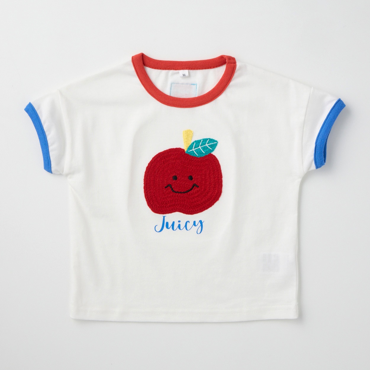 フルーツ編みモチーフ 天竺 半袖Tシャツ ベビー(りんご(オフホワイト)-100cm)