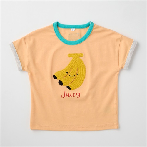 フルーツ編みモチーフ 天竺 半袖Tシャツ ベビー(バナナ(オレンジ)-80cm)