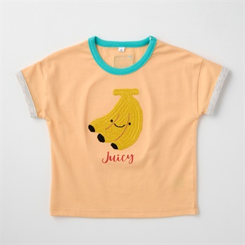 フルーツ編みモチーフ 天竺 半袖Tシャツ ベビー(バナナ(オレンジ)-80cm)