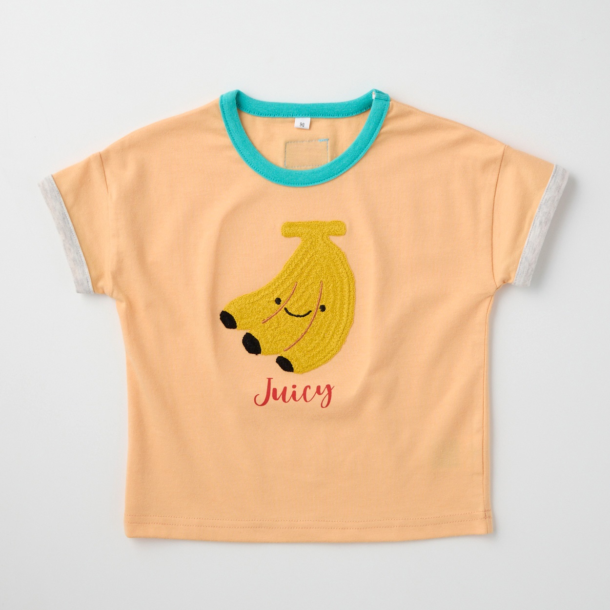フルーツ編みモチーフ 天竺 半袖Tシャツ ベビー(バナナ(オレンジ)-100cm)