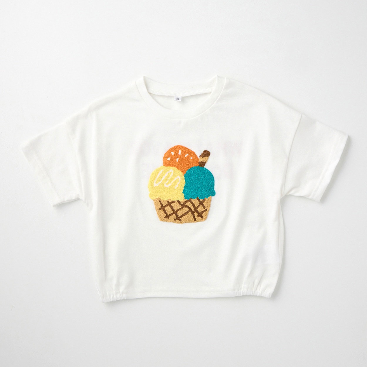 アイス柄 サガラ刺しゅう 天竺 半袖Tシャツ ベビー(オフホワイト-90cm)