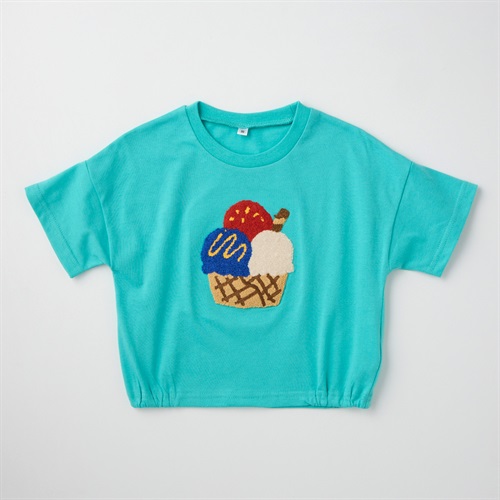 アイス柄 サガラ刺しゅう 天竺 半袖Tシャツ ベビー(ターコイズブルー-80cm)