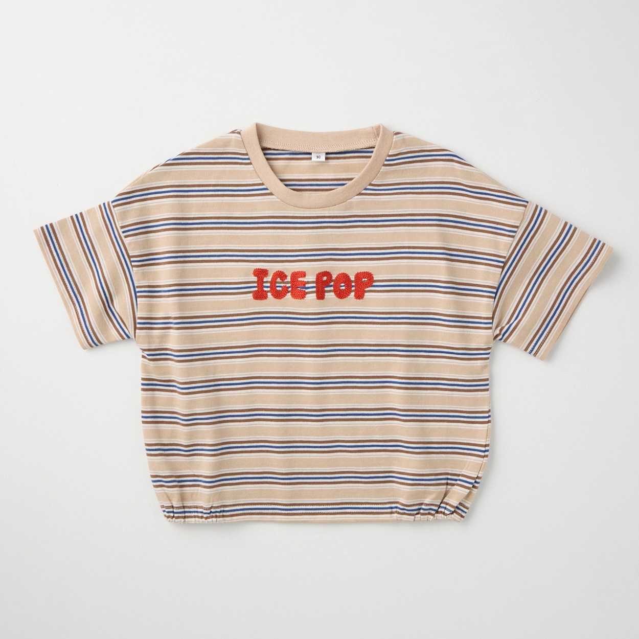 先染めボーダー柄 ロゴ刺しゅう 天竺 半袖Tシャツ ベビー(ベージュ-80cm)