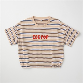 先染めボーダー柄 ロゴ刺しゅう 天竺 半袖Tシャツ ベビー(ベージュ-80cm)