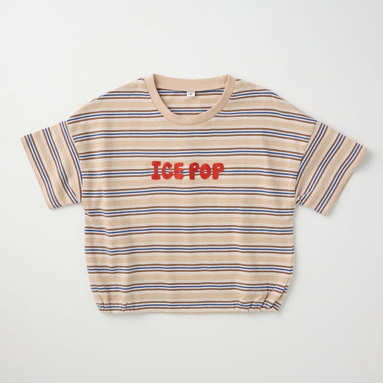 先染めボーダー柄 ロゴ刺しゅう 天竺 半袖Tシャツ ベビー(ベージュ-90cm)