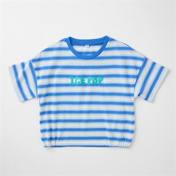 先染めボーダー柄 ロゴ刺しゅう 天竺 半袖Tシャツ ベビー(ブルー-80cm)