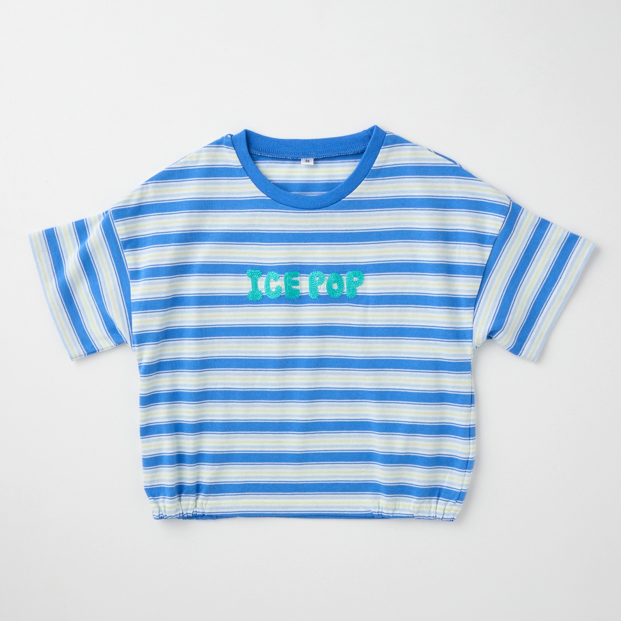 先染めボーダー柄 ロゴ刺しゅう 天竺 半袖Tシャツ ベビー(ブルー-90cm)