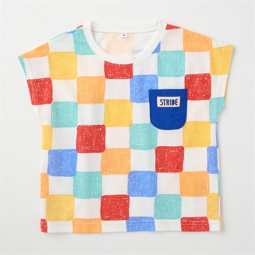 カラフル総柄 布帛ポケット 天竺 フレンチ袖Tシャツ ベビー(カラフルブロック(ブルー)-80cm)