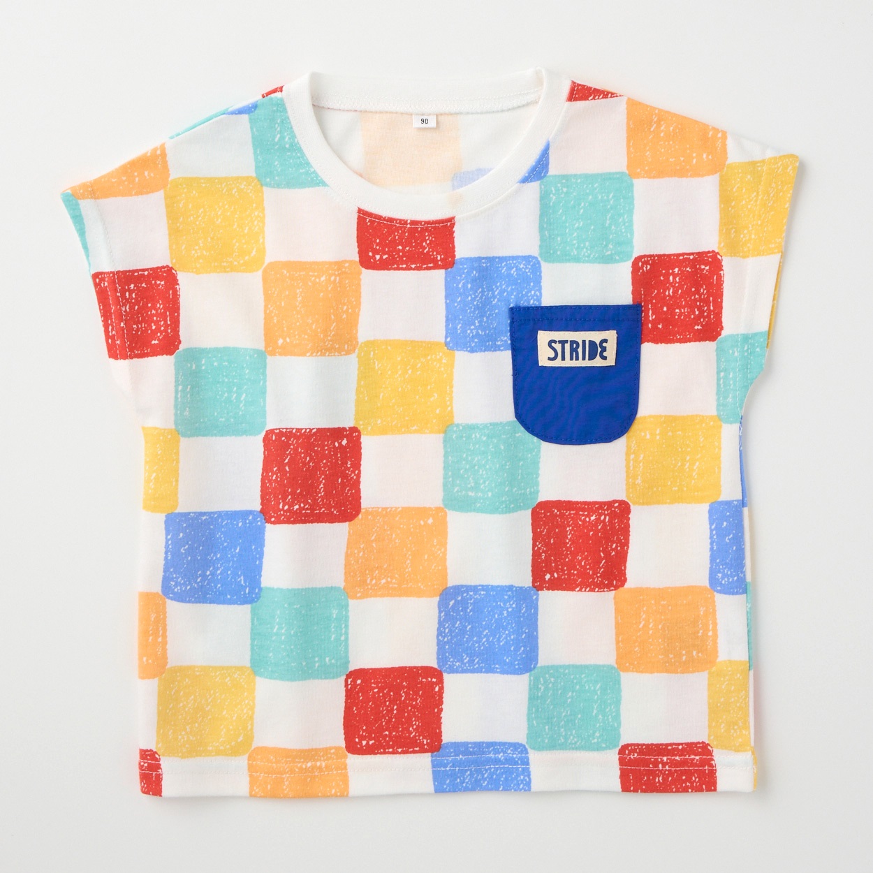 カラフル総柄 布帛ポケット 天竺 フレンチ袖Tシャツ ベビー(カラフルブロック(ブルー)-100cm)