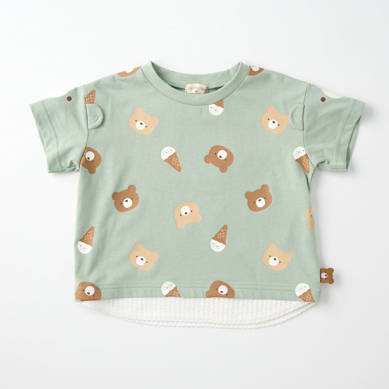doudou bear くま総柄 裾フェイク 耳付き 天竺 半袖Tシャツ ベビー(グリーン-80cm)