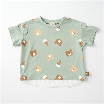 doudou bear くま総柄 裾フェイク 耳付き 天竺 半袖Tシャツ ベビー(グリーン-80cm)
