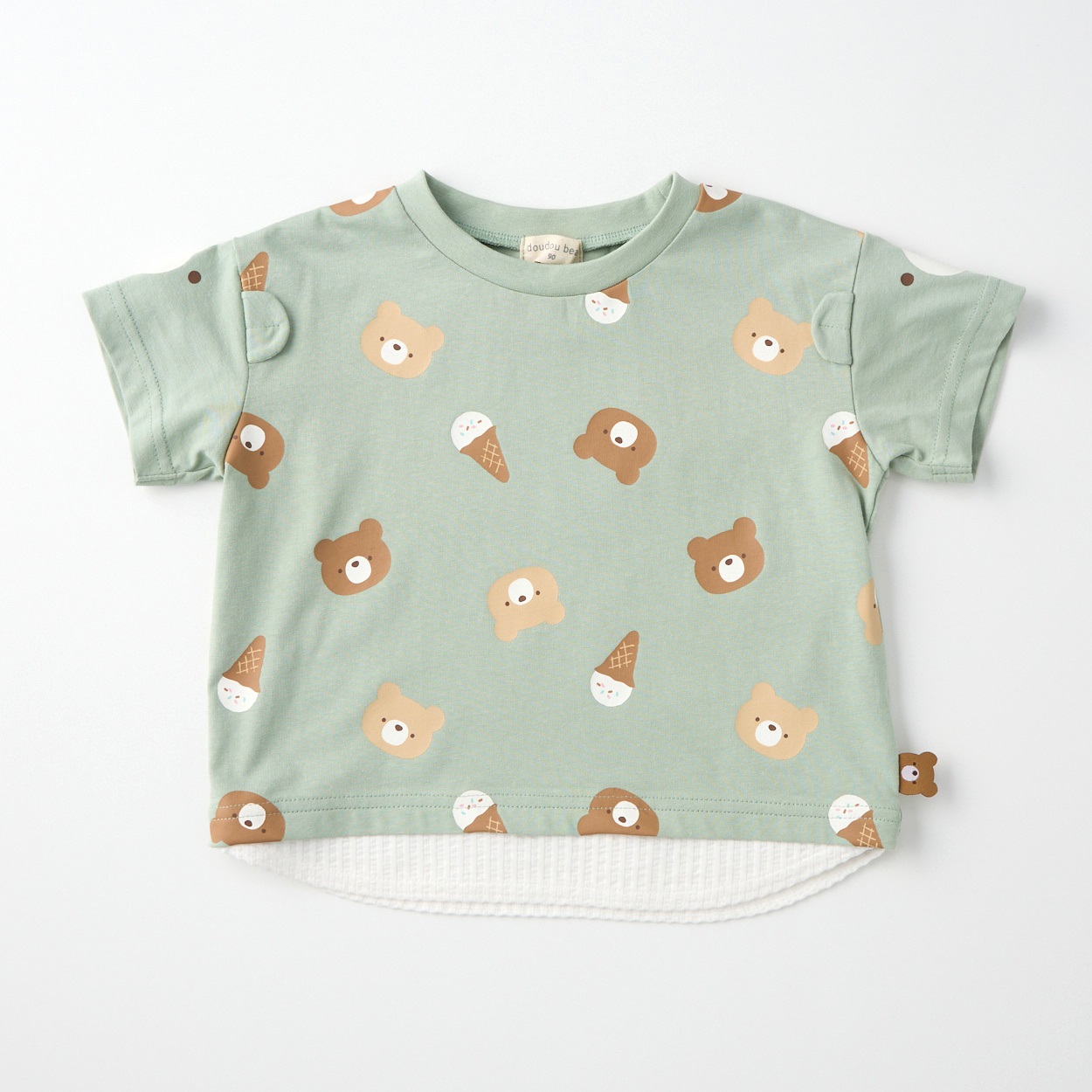 doudou bear くま総柄 裾フェイク 耳付き 天竺 半袖Tシャツ ベビー(グリーン-100cm)