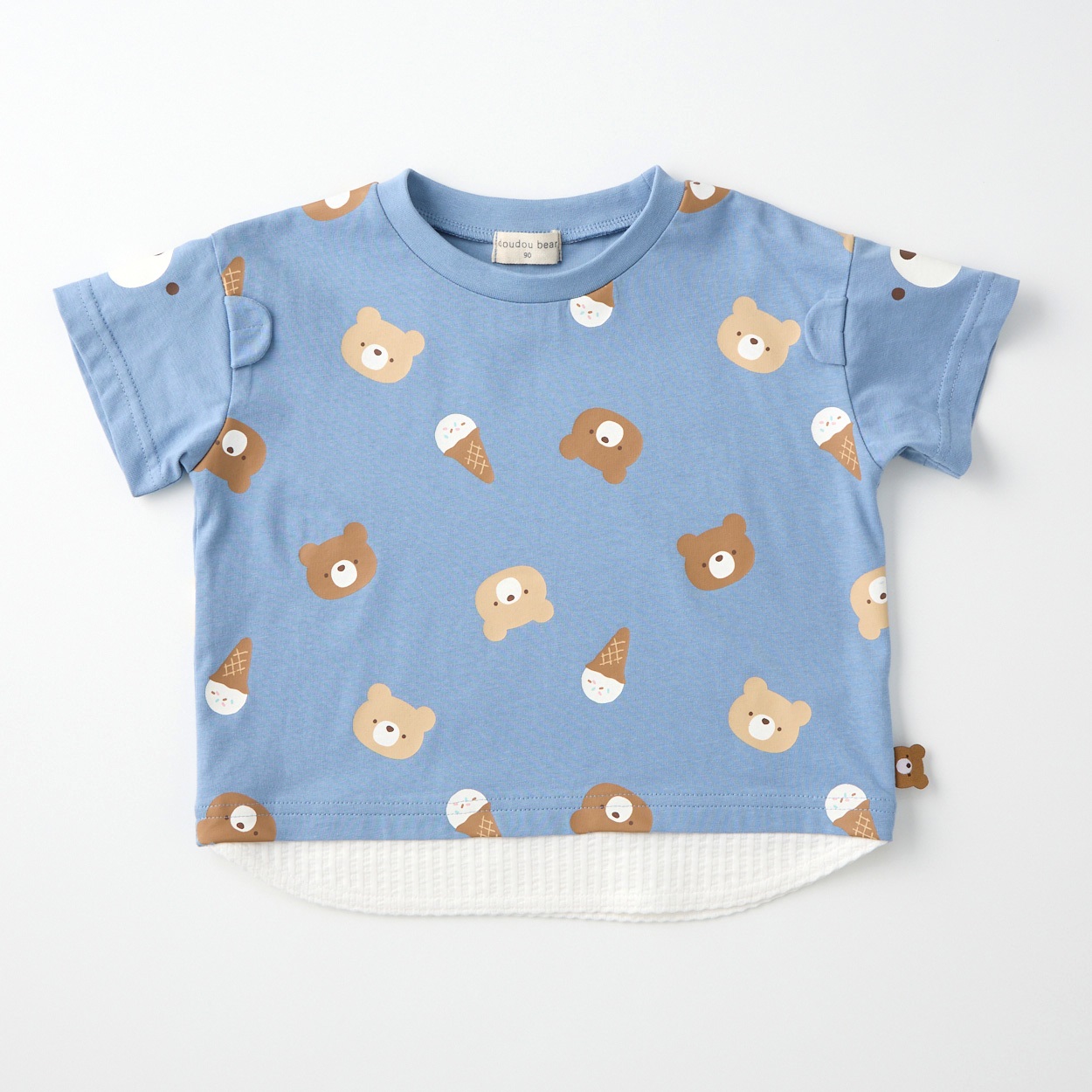 doudou bear くま総柄 裾フェイク 耳付き 天竺 半袖Tシャツ ベビー(ブルー-80cm)