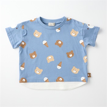 doudou bear くま総柄 裾フェイク 耳付き 天竺 半袖Tシャツ ベビー(ブルー-80cm)