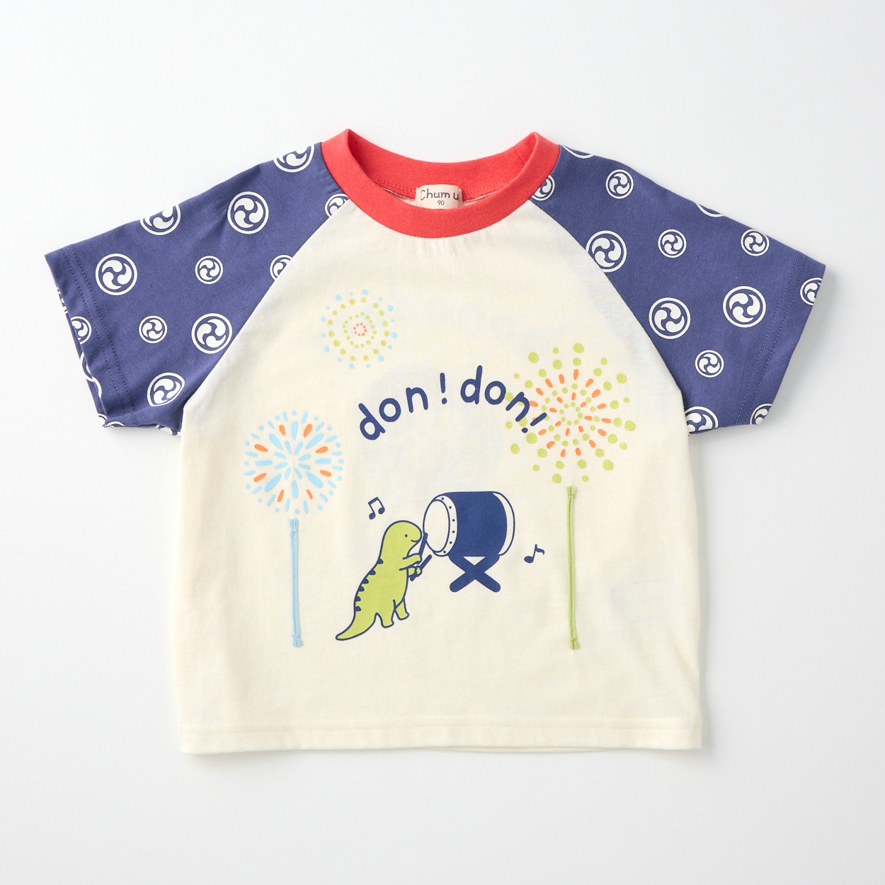 Chum up 恐竜花火柄 ラグラン 天竺 半袖Tシャツ ベビー(ネイビー-80cm)