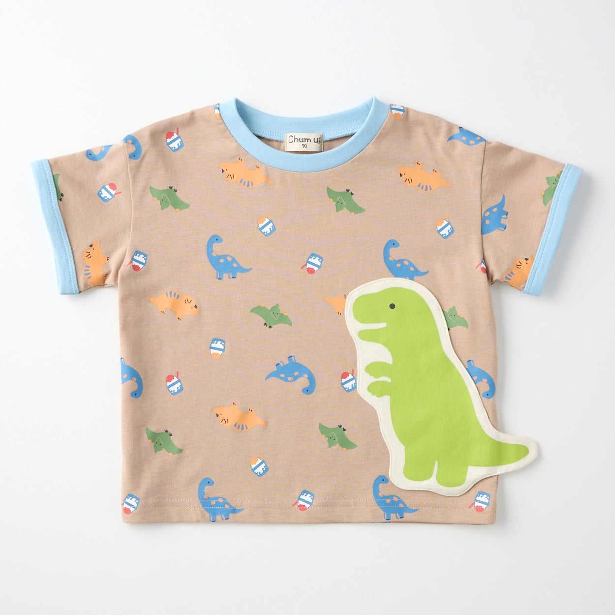 Chum up 恐竜総柄 天竺 半袖Tシャツ ベビー(ベージュ-90cm)