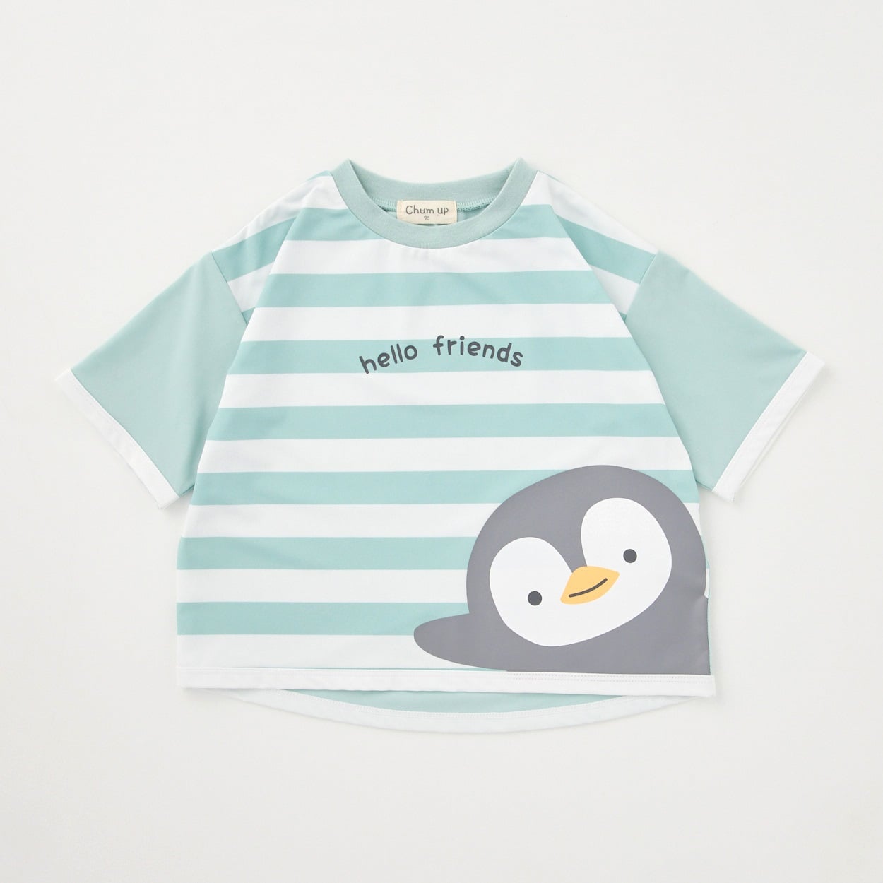 Chum up ラッシュガード ボーダー柄 半袖Tシャツ UV対策 水遊び ベビー(ペンギン(ミントグリーン)-80cm)