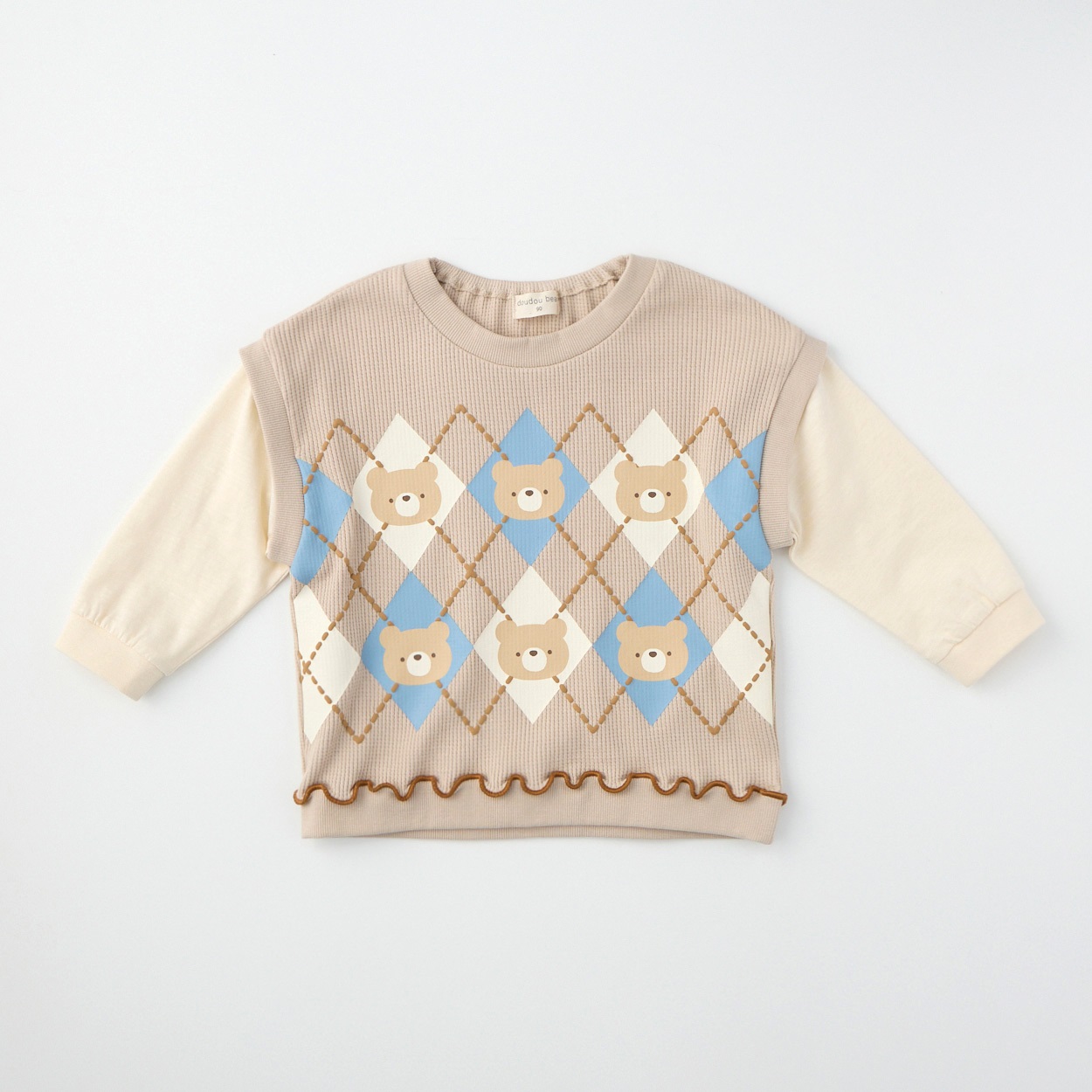 doudou bear ワッフルベストフェイク 長袖Tシャツ ベビー(ベージュ-100cm)