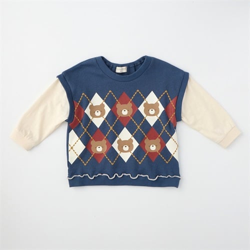 doudou bear ワッフルベストフェイク 長袖Tシャツ ベビー(ネイビー-80cm)