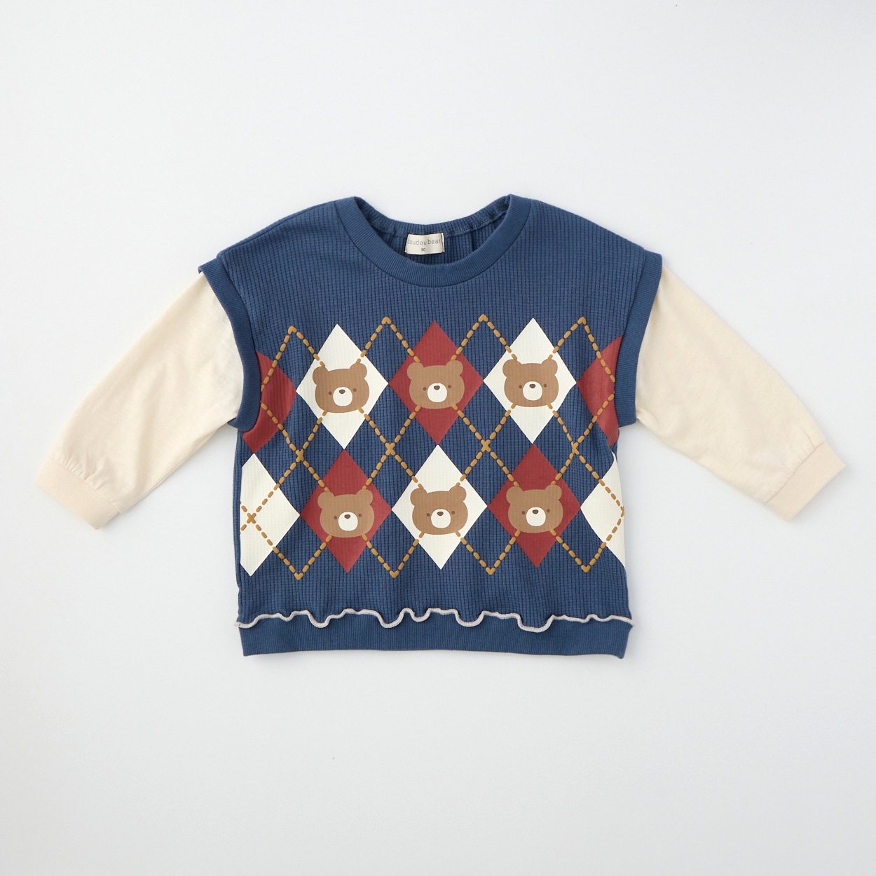doudou bear ワッフルベストフェイク 長袖Tシャツ ベビー(ネイビー-80cm)
