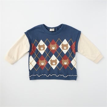doudou bear ワッフルベストフェイク 長袖Tシャツ ベビー(ネイビー-80cm)