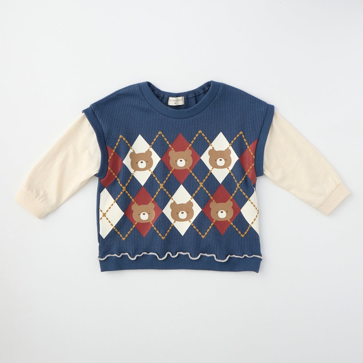 doudou bear ワッフルベストフェイク 長袖Tシャツ ベビー(ネイビー-90cm)