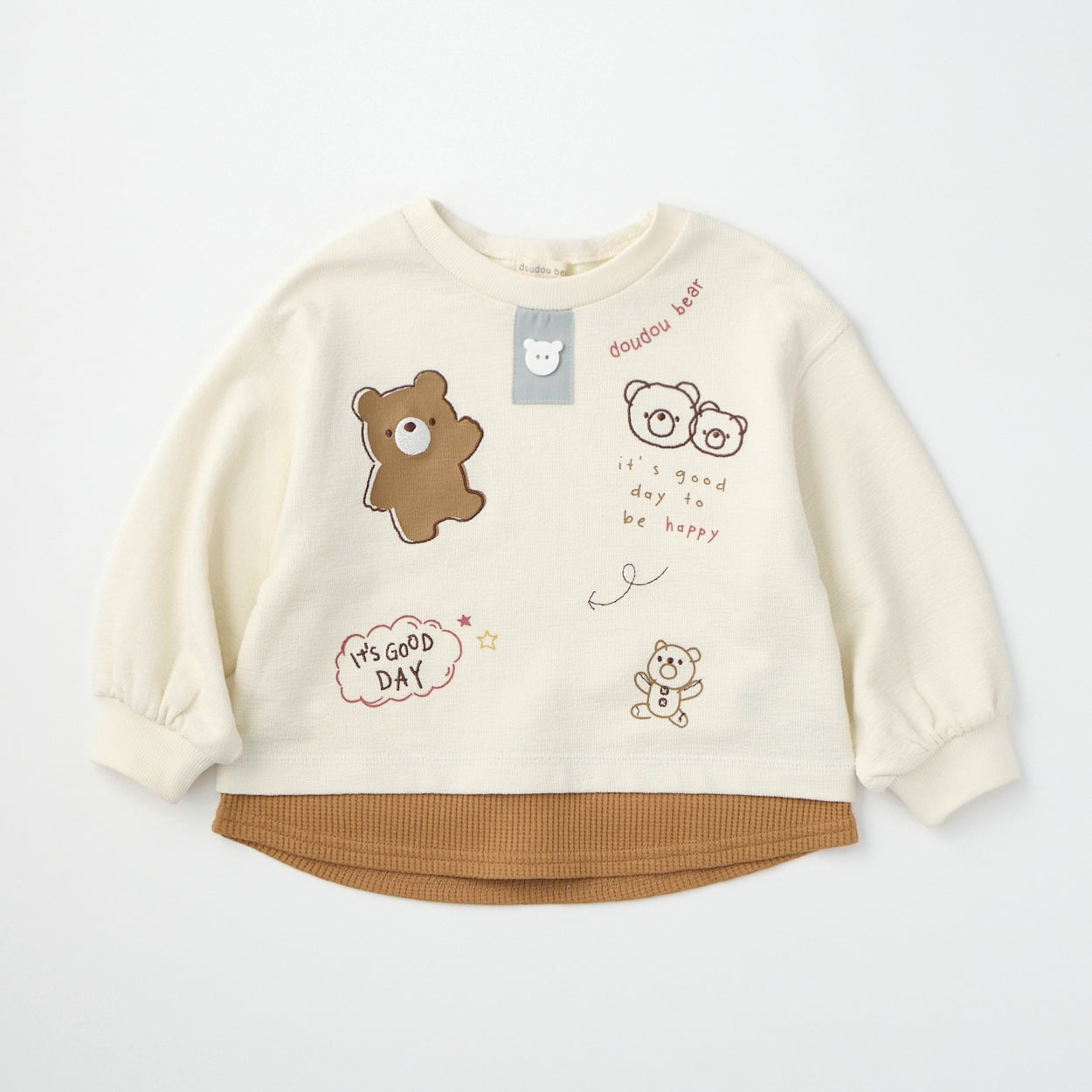 doudou bear 裾フェイク くまプリントトレーナー ベビー(アイボリー-90cm)