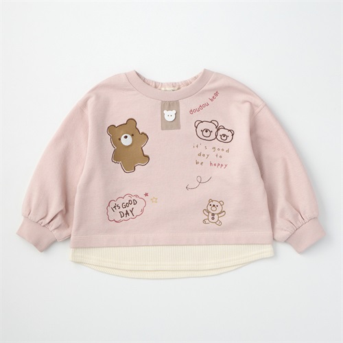 doudou bear 裾フェイク くまプリントトレーナー ベビー(ピンク-80cm)