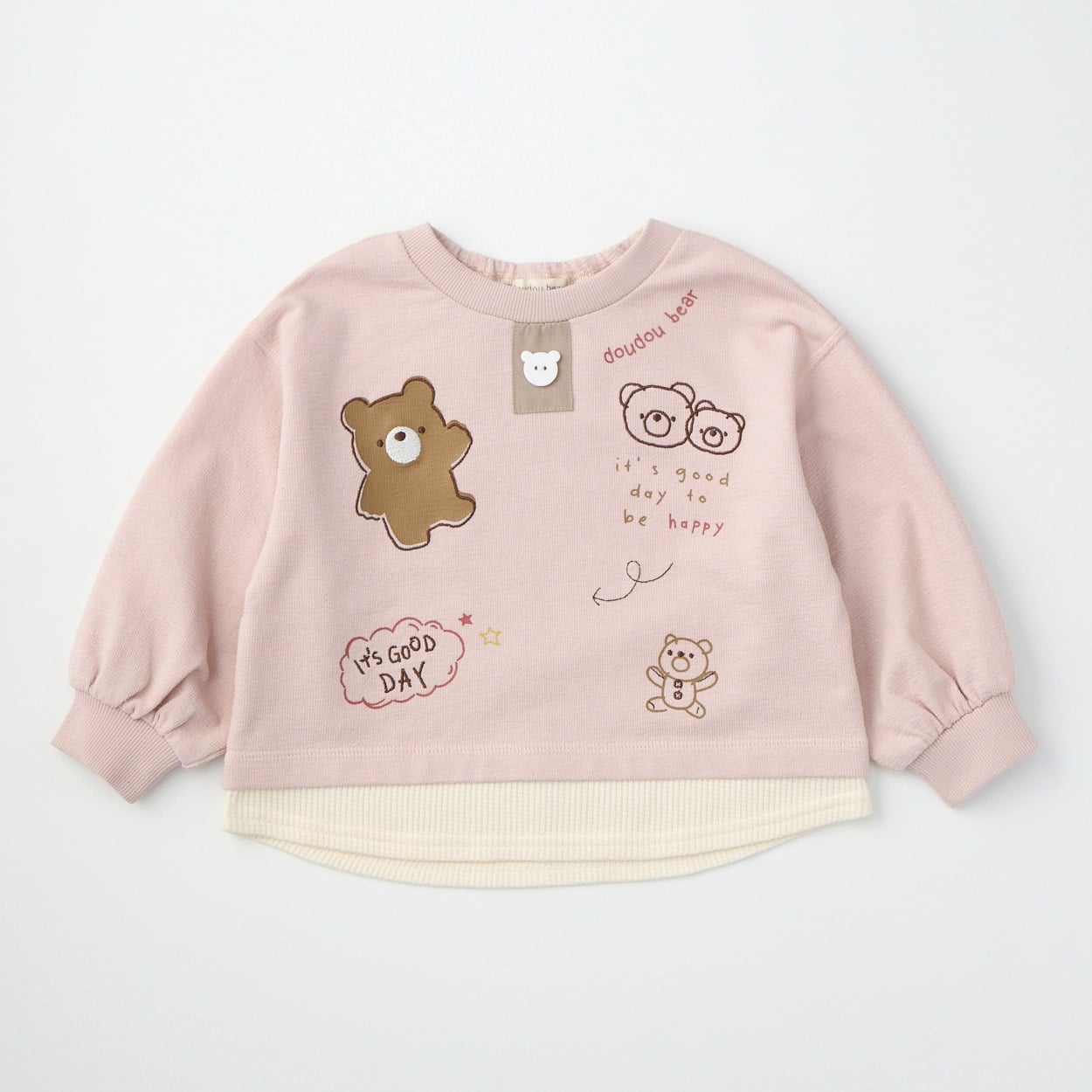 doudou bear 裾フェイク くまプリントトレーナー ベビー(ピンク-90cm)